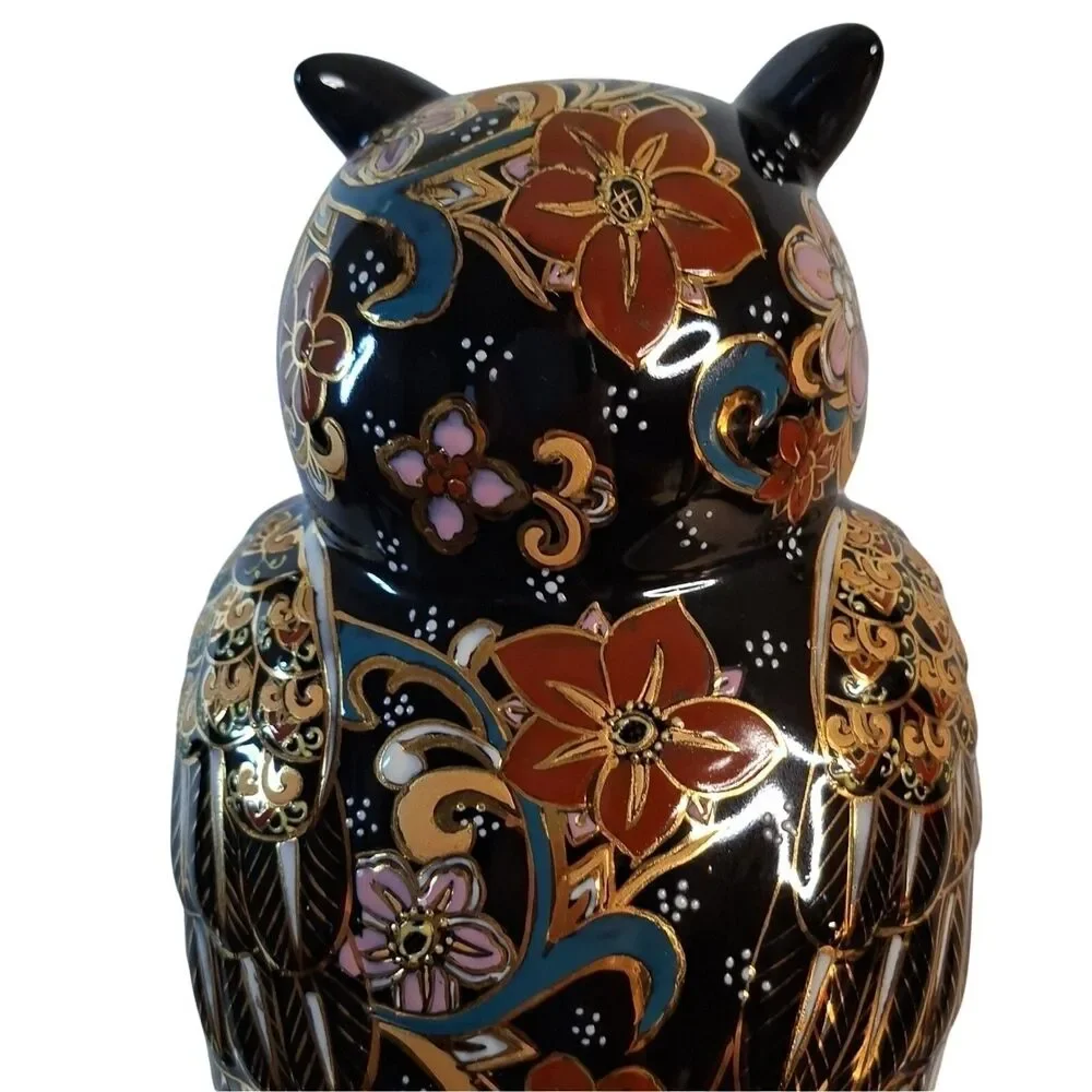 Japanese Kutani Owl Porcelain Figurine Mori Gold Painted Fukuro Lucky Owl Vintag